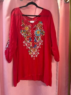 Johnny Was Red Embroidered V-Neck Tunic- size XL